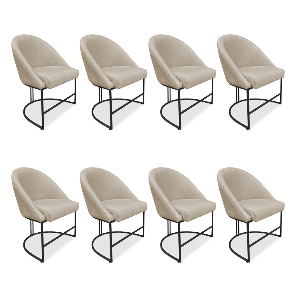 Kit 08 Cadeiras Poltrona de Jantar Bela Suede Bege Base Metálica Industrial Preto - Pallazio