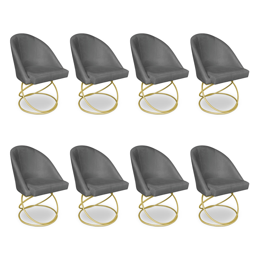 Kit 08 Cadeiras Poltrona de Jantar Bela Suede Grafite Base Metálica Luxo Dourado - Pallazio