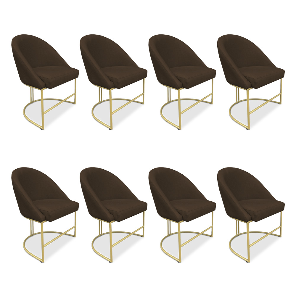 Kit 08 Cadeiras Poltrona de Jantar Bela Suede Marrom Base Metálica Industrial Dourado - Pallazio