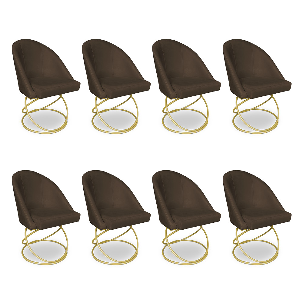 Kit 08 Cadeiras Poltrona de Jantar Bela Suede Marrom Base Metálica Luxo Dourado - Pallazio