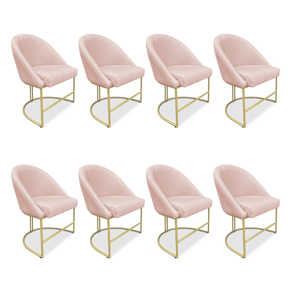 Kit 08 Cadeiras Poltrona de Jantar Bela Suede Rosa Bebê Base Metálica Industrial Dourado - Pallazio