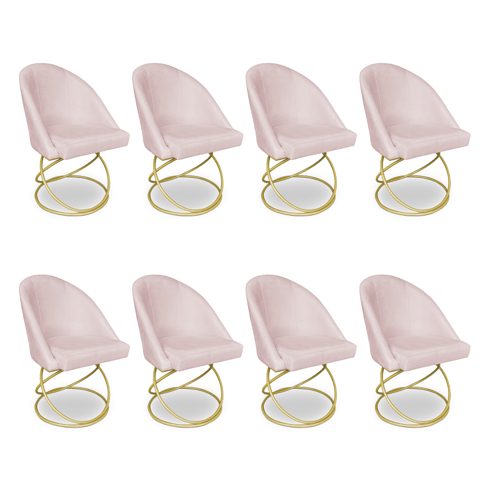 Kit 08 Cadeiras Poltrona de Jantar Bela Suede Rosa Bebê Base Metálica Luxo Dourado - Pallazio