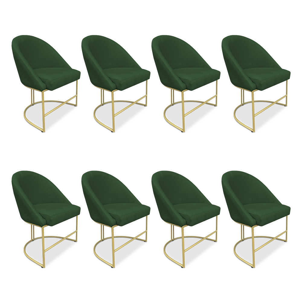 Kit 08 Cadeiras Poltrona de Jantar Bela Suede Verde Base Metálica Industrial Dourado - Pallazio