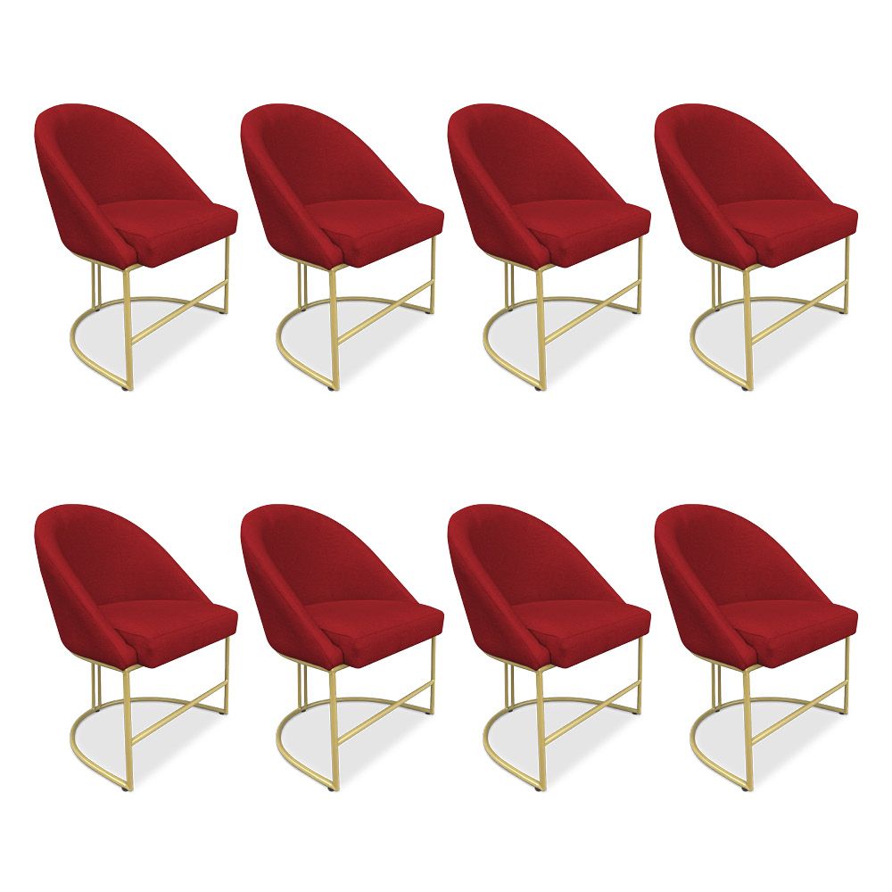 Kit 08 Cadeiras Poltrona de Jantar Bela Suede Vermelho Base Metálica Industrial Dourado - Pallazio
