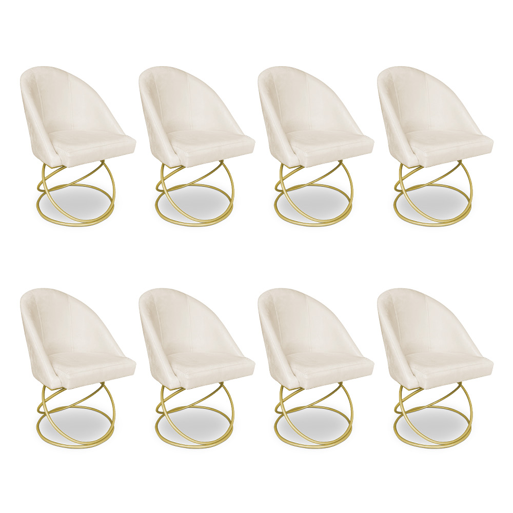Kit 08 Cadeiras Poltrona de Jantar Bela Veludo Bege Base Metálica Luxo Dourado - Pallazio