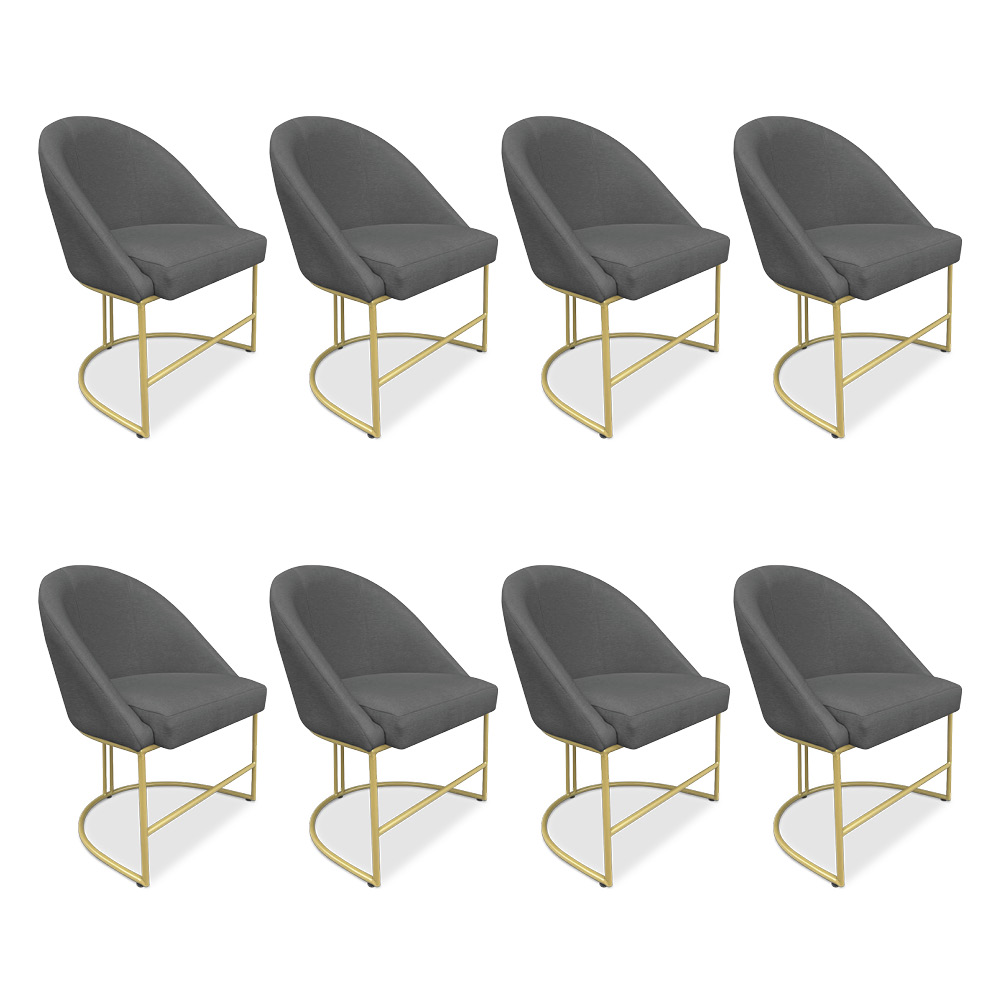 Kit 08 Cadeiras Poltrona de Jantar Bela Veludo Grafite Base Metálica Industrial Dourado - Pallazio