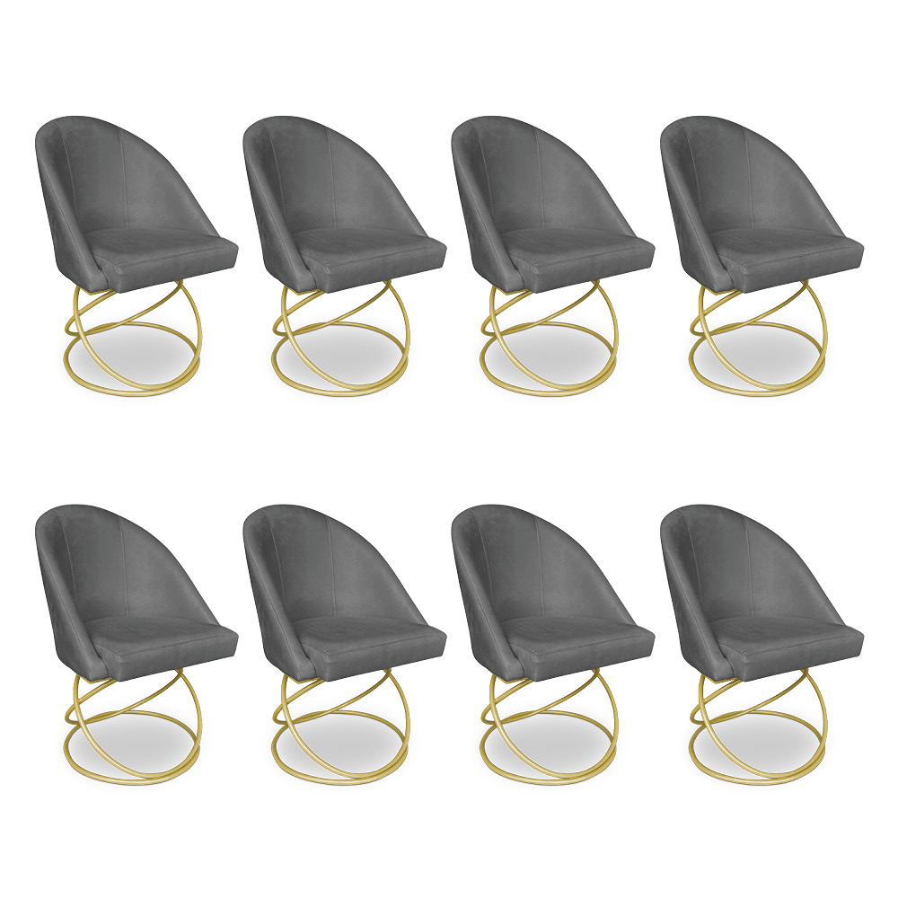 Kit 08 Cadeiras Poltrona de Jantar Bela Veludo Grafite Base Metálica Luxo Dourado - Pallazio