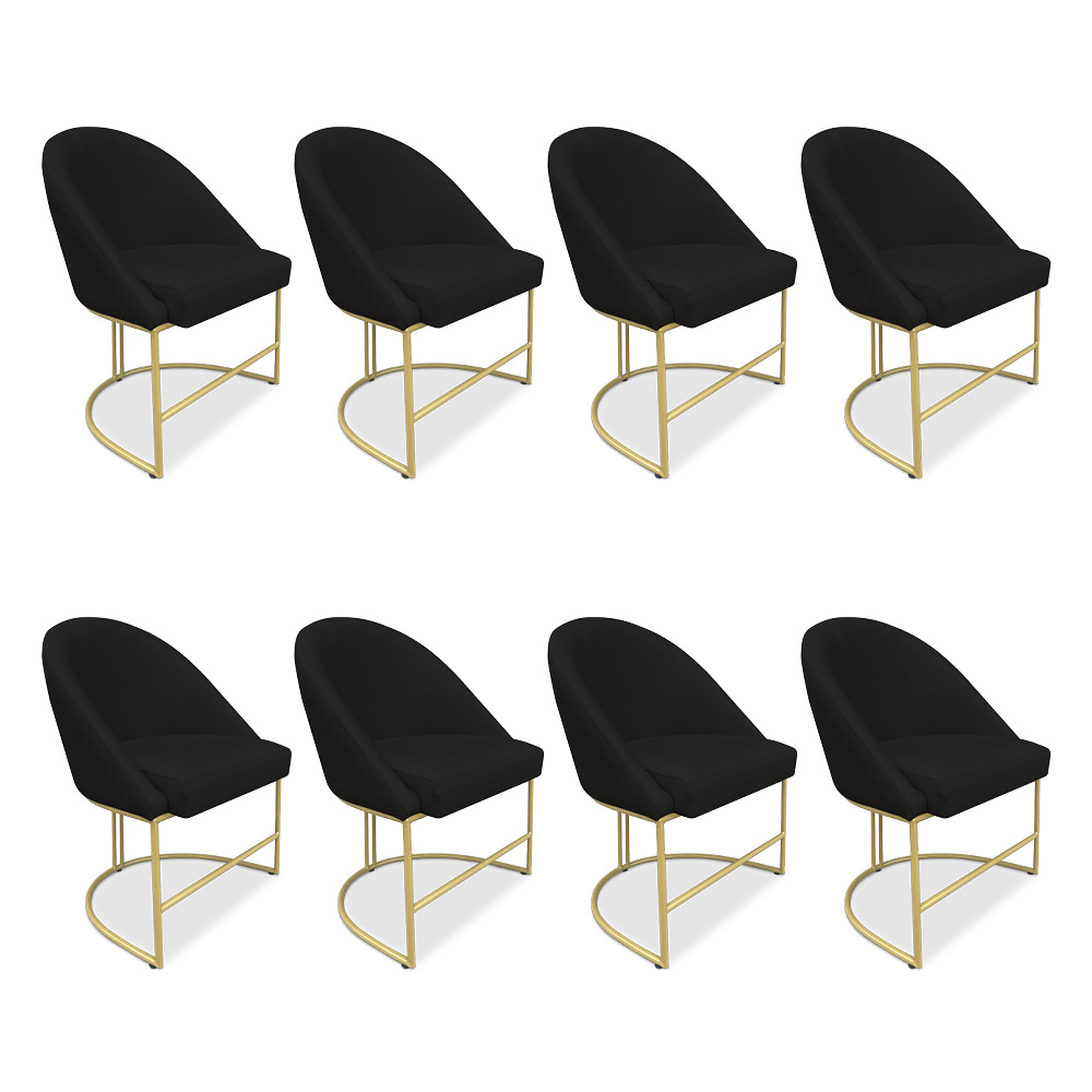 Kit 08 Cadeiras Poltrona de Jantar Bela Veludo Preto Base Metálica Industrial Dourado - Pallazio