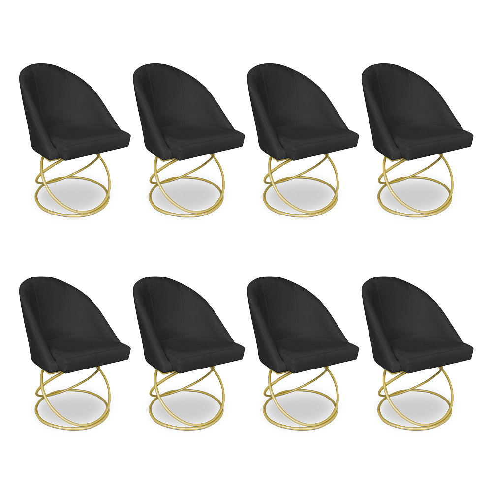 Kit 08 Cadeiras Poltrona de Jantar Bela Veludo Preto Base Metálica Luxo Dourado - Pallazio