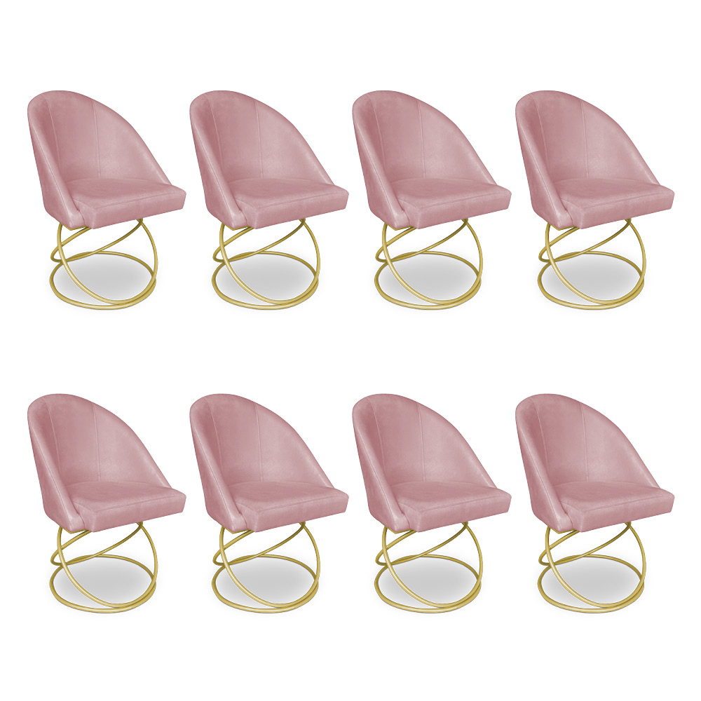 Kit 08 Cadeiras Poltrona de Jantar Bela Veludo Rosê Base Metálica Luxo Dourado - Pallazio