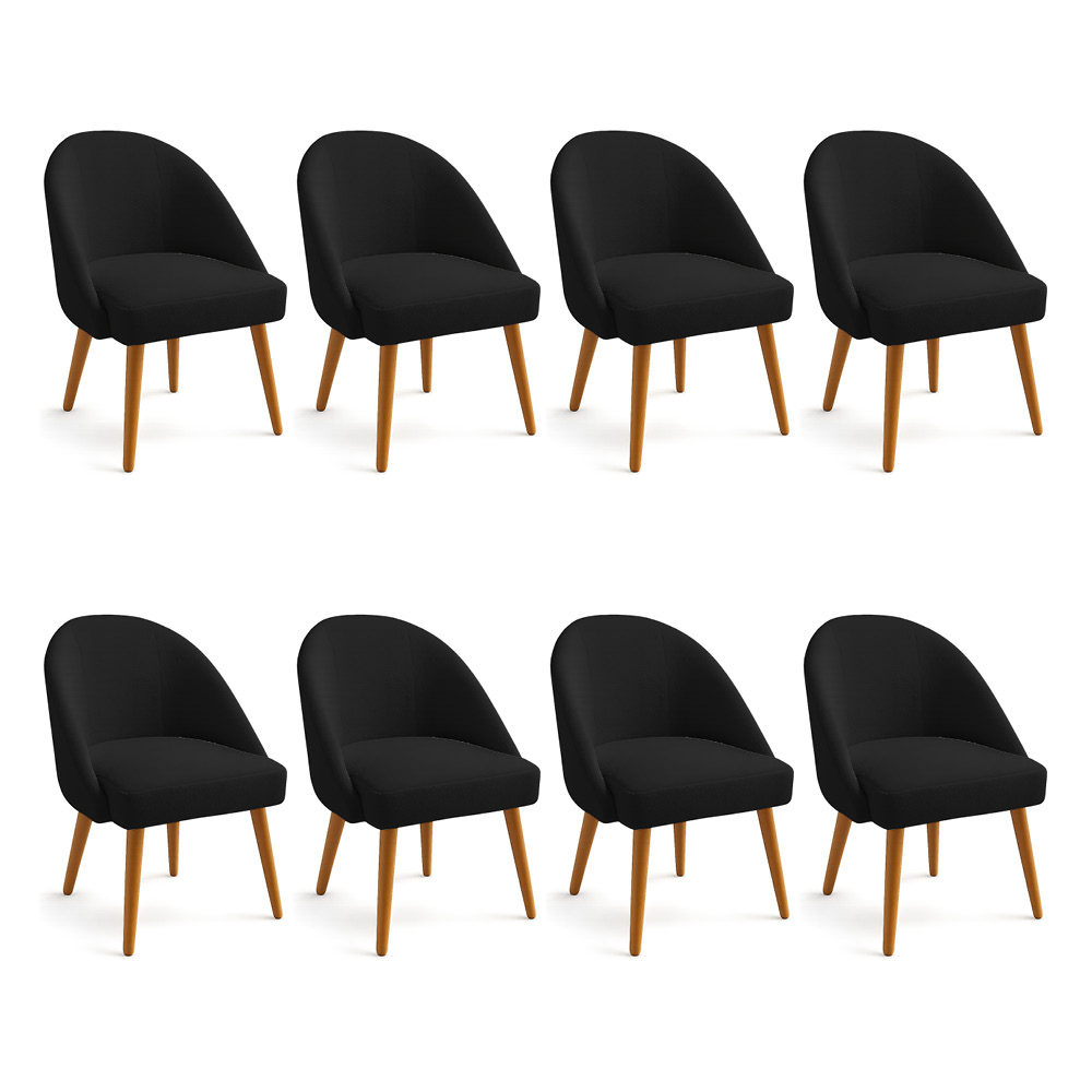 Kit 08 Cadeiras Poltrona de Jantar Estofada Luna Boucle Preto Pés Palito Castanho - Pallazio