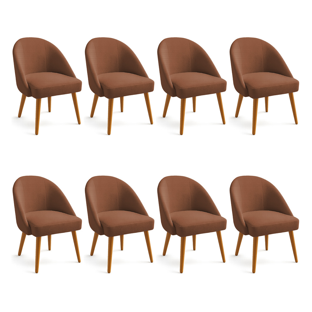 Kit 08 Cadeiras Poltrona de Jantar Estofada Luna Boucle Terracota Pés Palito Castanho - Pallazio