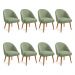 Kit 08 Cadeiras Poltrona de Jantar Estofada Luna Boucle Verde Pistache Pés Palito Castanho - Pallazio