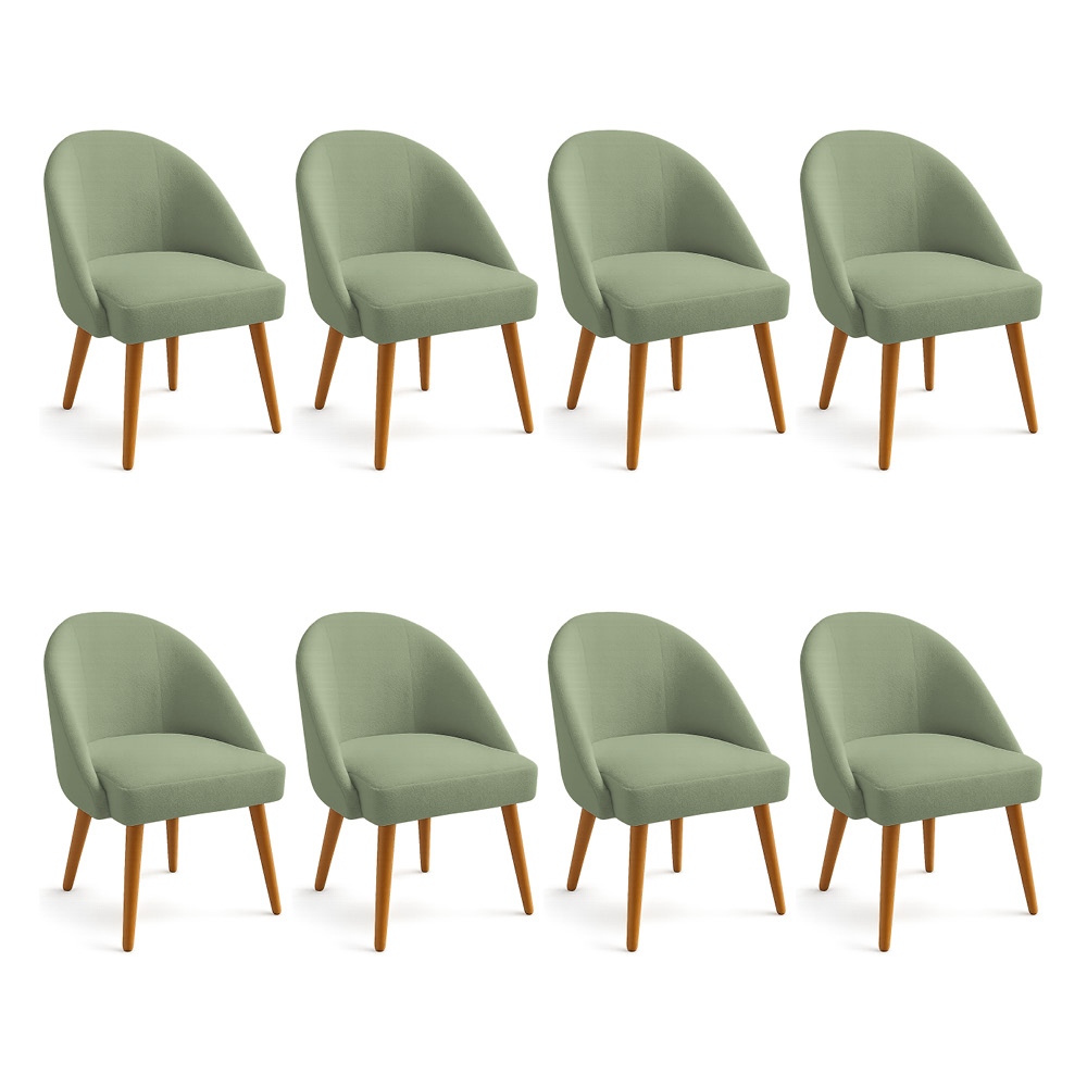 Kit 08 Cadeiras Poltrona de Jantar Estofada Luna Boucle Verde Pistache Pés Palito Castanho - Pallazio
