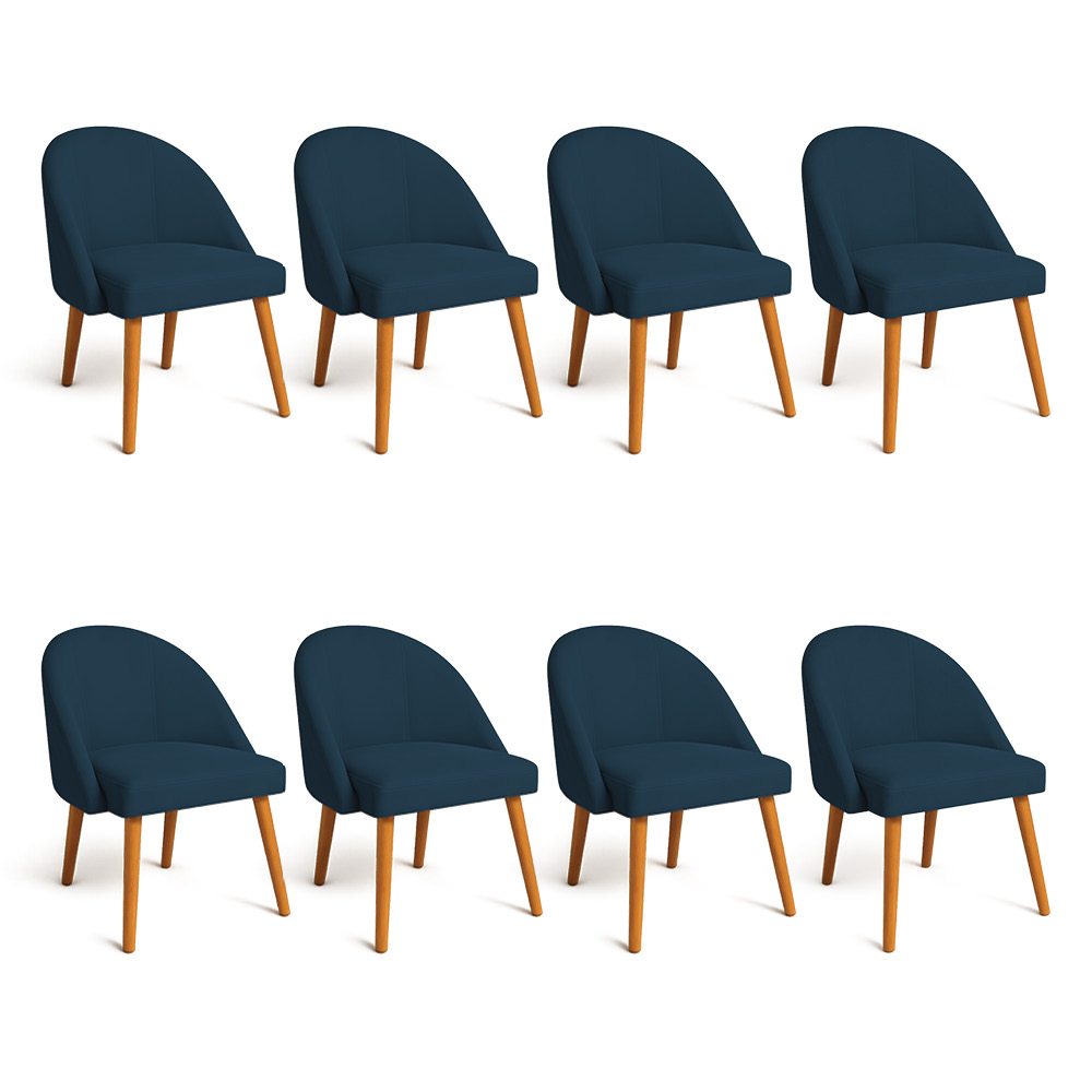 Kit 08 Cadeiras Poltrona de Jantar Luna Suede Azul Marinho Pés Palito Castanho - Pallazio