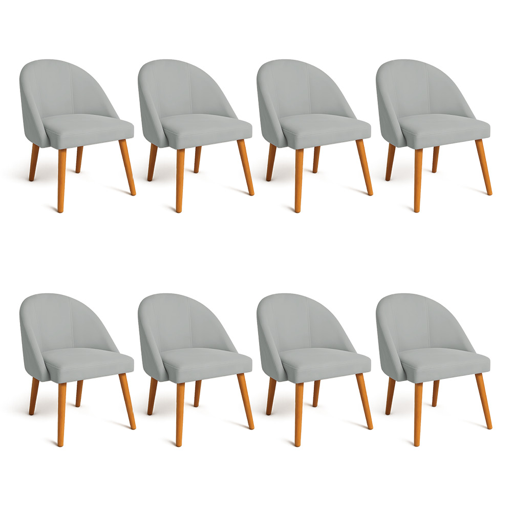 Kit 08 Cadeiras Poltrona de Jantar Luna Suede Cinza Pés Palito Castanho - Pallazio