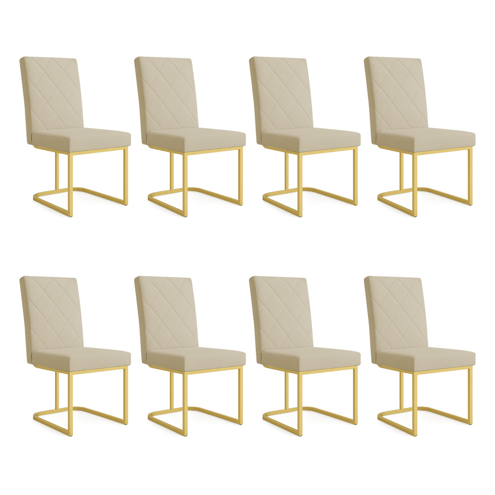 Kit 08 Cadeiras de Jantar Estofada Siena Linho Dourado Base de Ferro Dourada - Pallazio