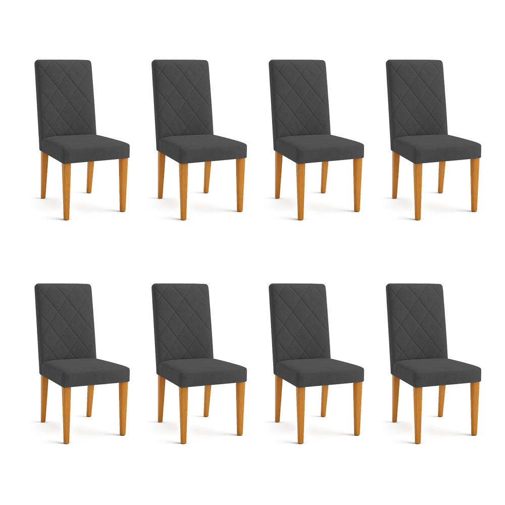 Kit 08 Cadeiras de Jantar Estofada Siena Veludo Grafite Pés Trapézio Castanho - Pallazio