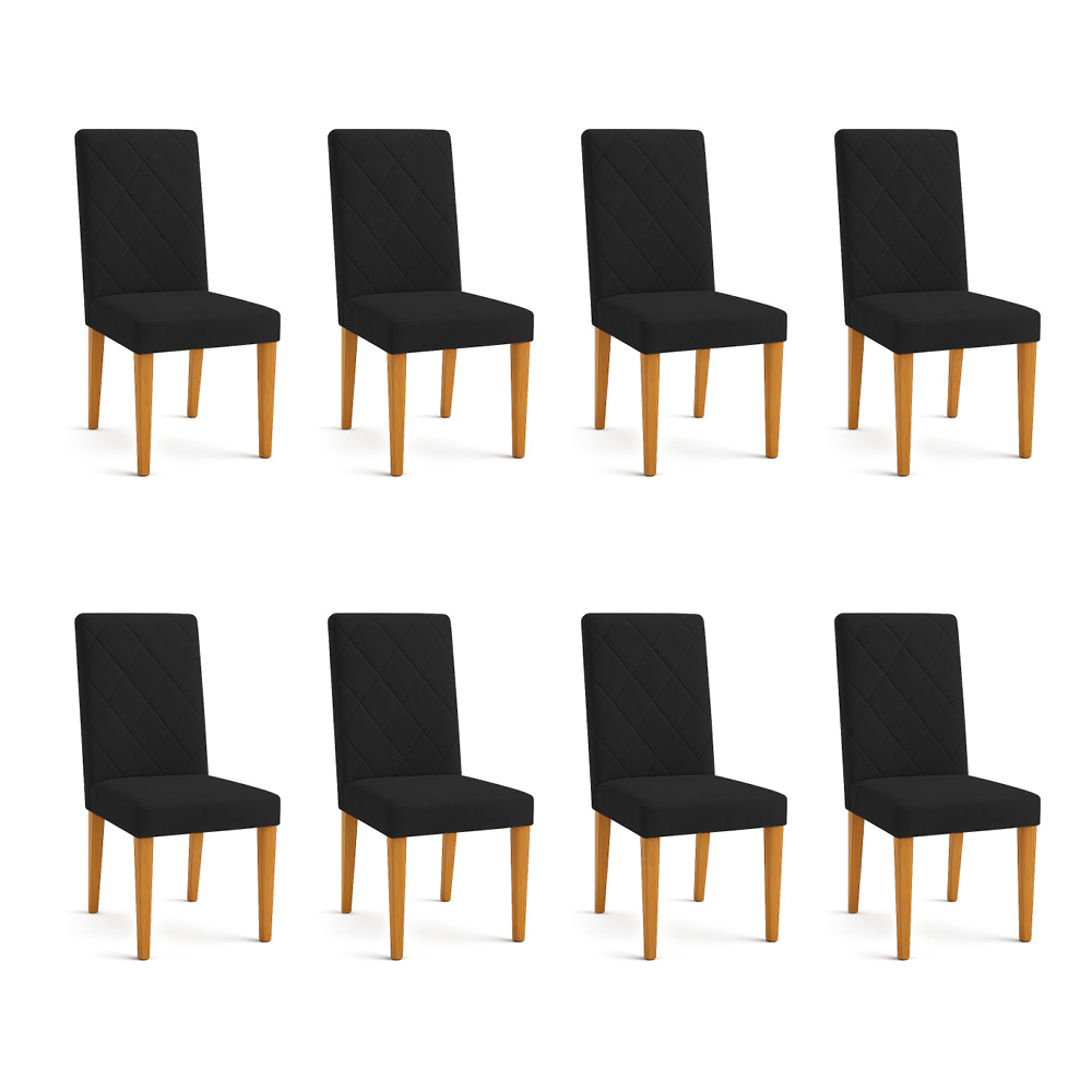 Kit 08 Cadeiras de Jantar Estofada Siena Veludo Preto Pés Trapézio Castanho - Pallazio