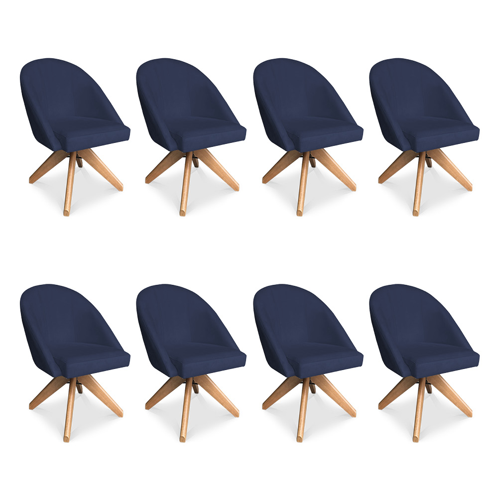 Kit 08 Poltronas Cadeira Giratória Bela Suede Azul Marinho Base de Madeira - Pallazio