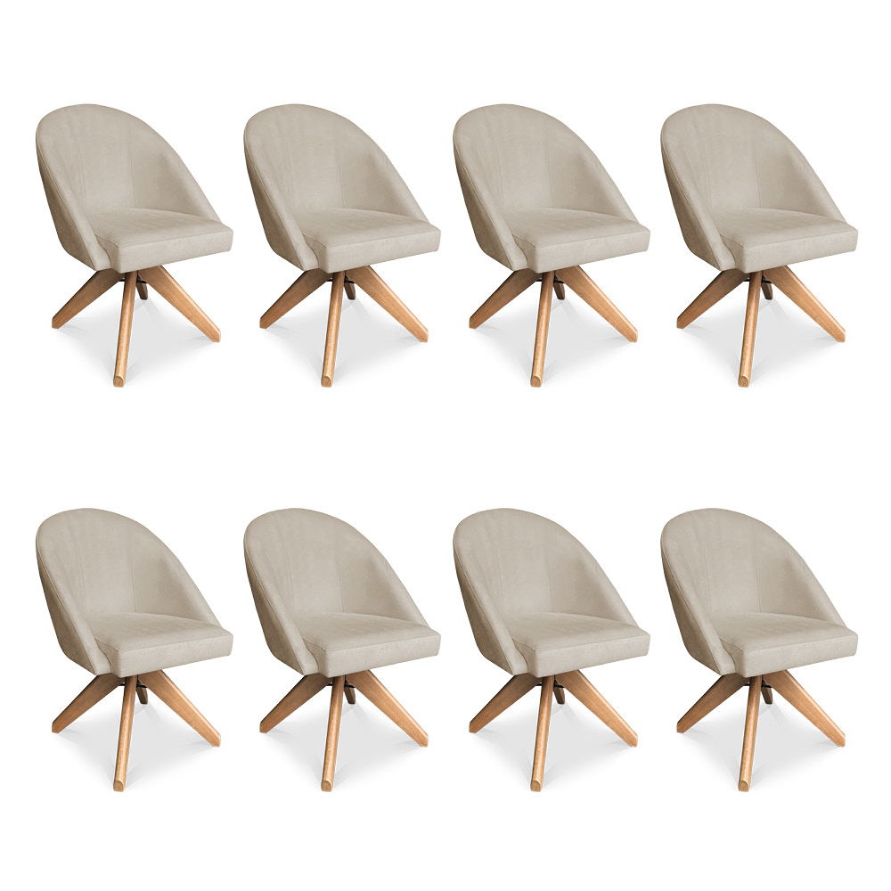 Kit 08 Poltronas Cadeira Giratória Bela Suede Bege Base de Madeira - Pallazio