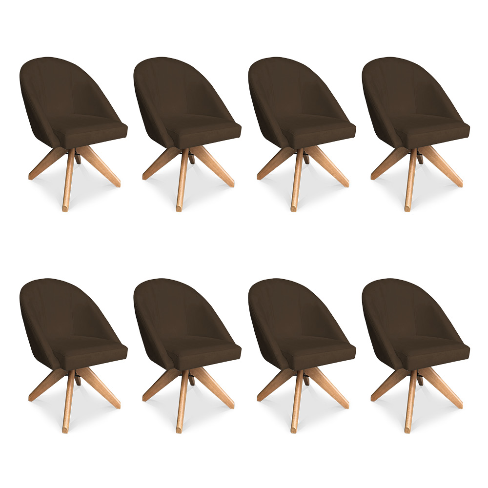 Kit 08 Poltronas Cadeira Giratória Bela Suede Marrom Base de Madeira - Pallazio