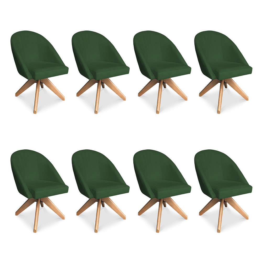 Kit 08 Poltronas Cadeira Giratória Bela Suede Verde Base de Madeira - Pallazio
