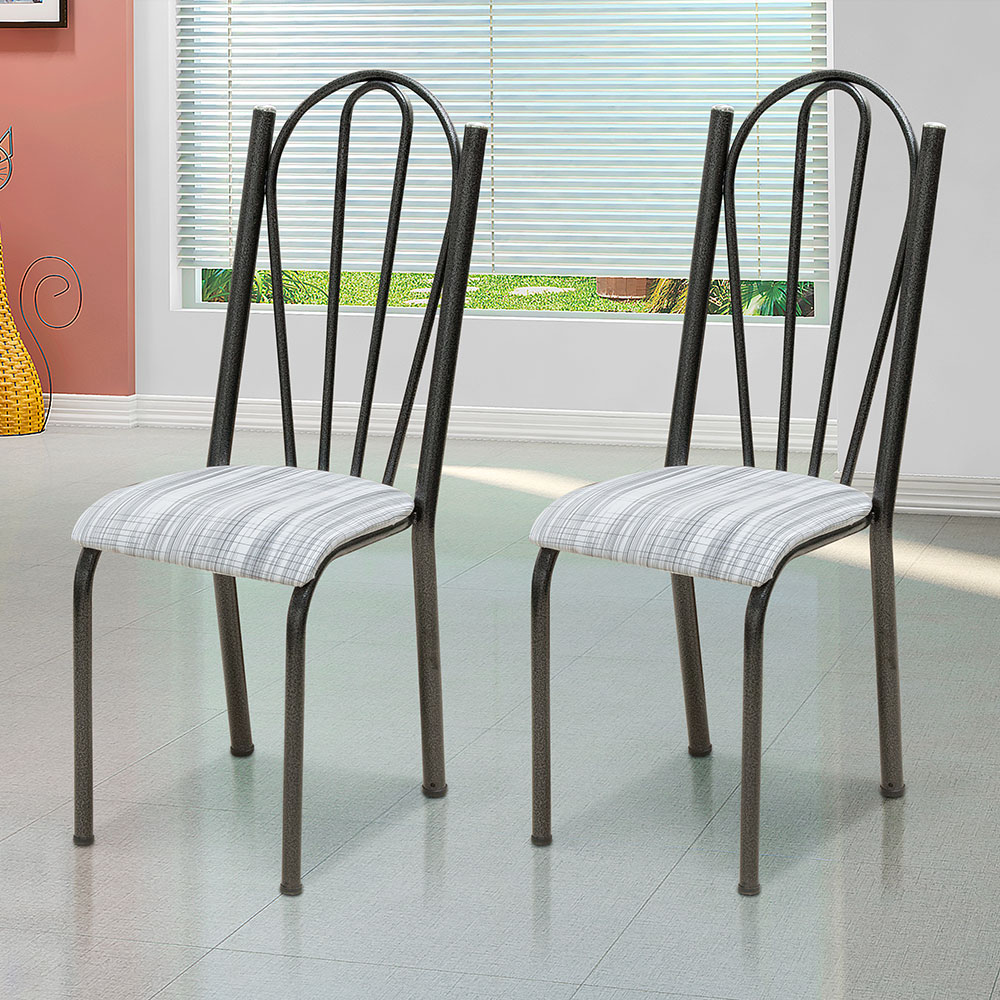 Kit 2 Cadeiras de Cozinha Alasca Estampado Linho Pés de Ferro Cromo Preto - Pallazio