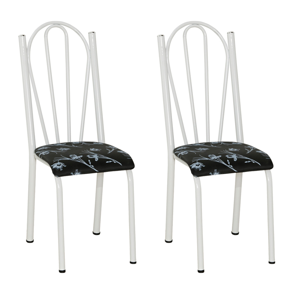 Kit 2 Cadeiras de Cozinha Alasca Estampado Preto Florido Pés de Ferro Branco - Pallazio