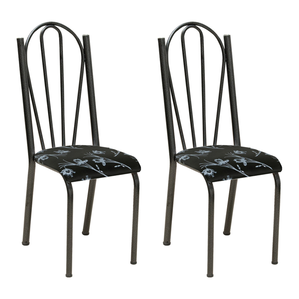 Kit 2 Cadeiras de Cozinha Alasca Estampado Preto Florido Pés de Ferro Cromo Preto - Pallazio