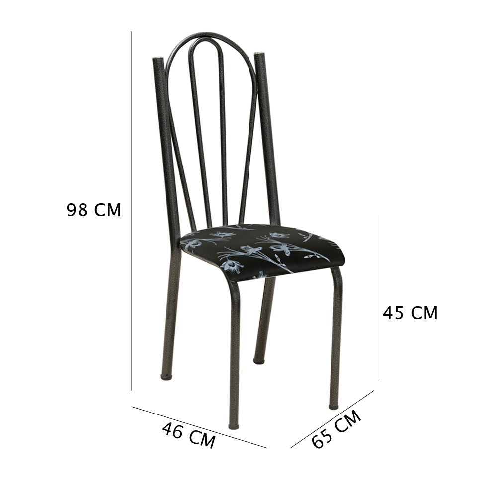 Kit 2 Cadeiras de Cozinha Alasca Estampado Preto Florido Pés de Ferro Cromo Preto - Pallazio