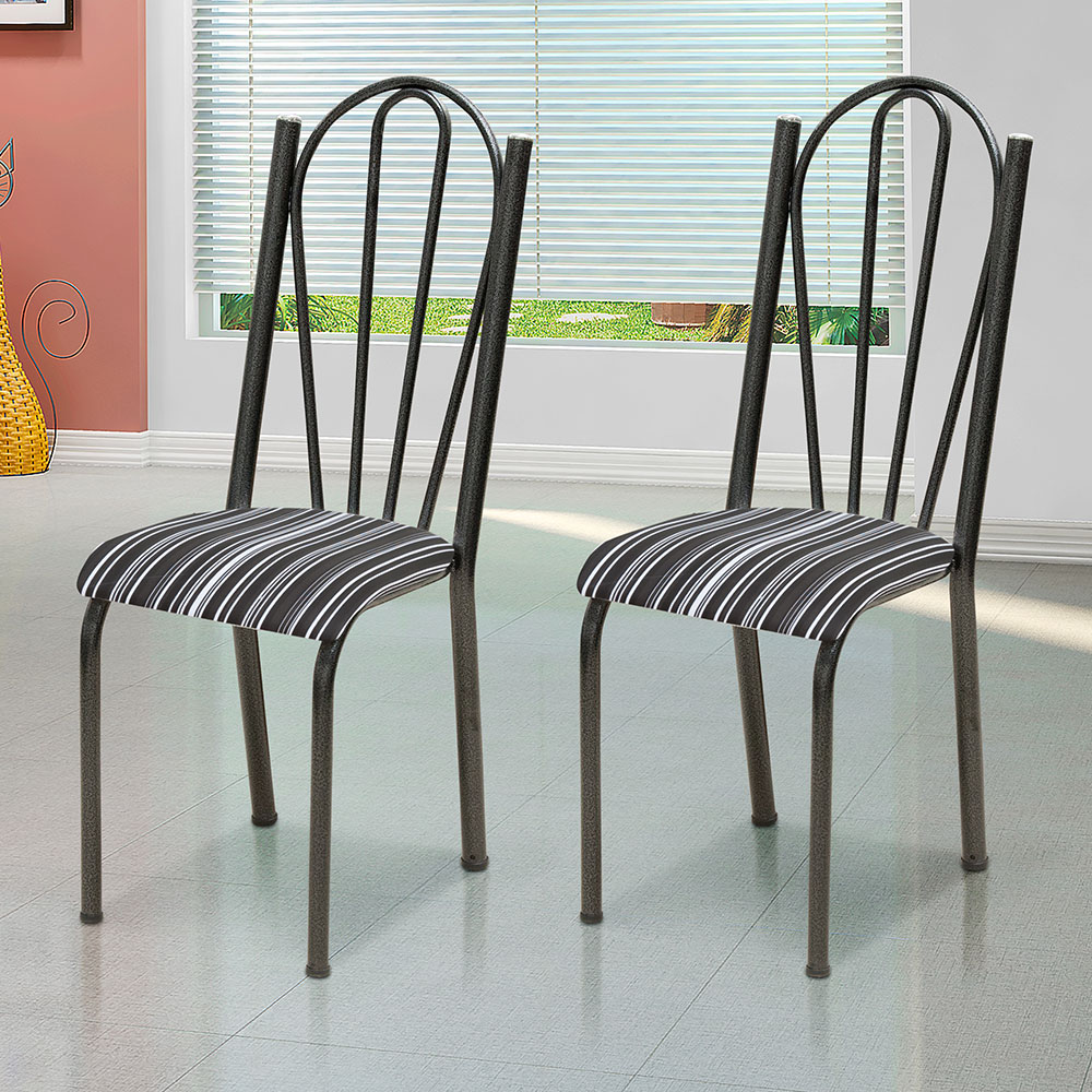 Kit 2 Cadeiras de Cozinha Alasca Estampado Preto Listrado Pés de Ferro Cromo Preto - Pallazio
