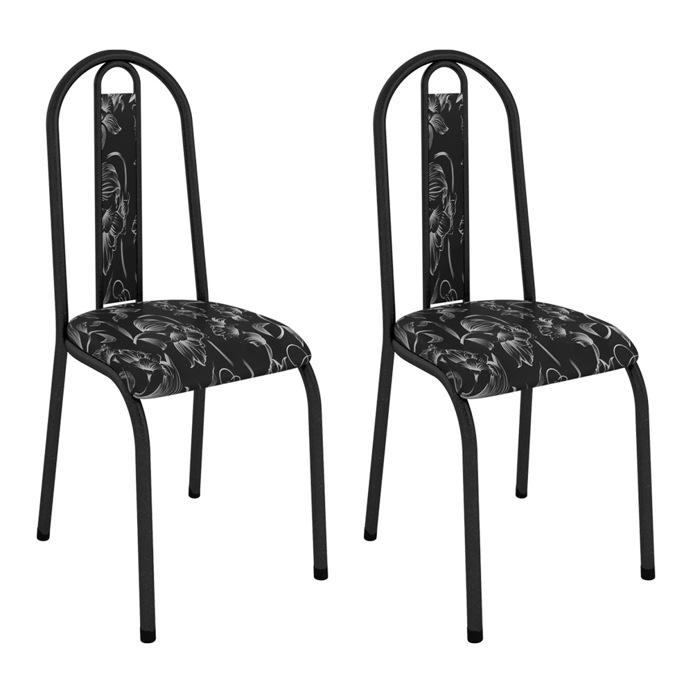 Kit 2 Cadeiras de Cozinha Arizona Estampado Preto Florido Pés de Ferro Preto - Pallazio