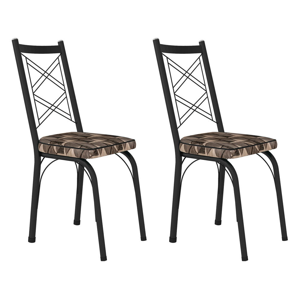Kit 2 Cadeiras de Cozinha Delaware Estampado Mosaico Palha Pés de Ferro Preto - Pallazio