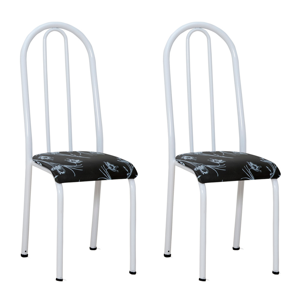 Kit 2 Cadeiras de Cozinha Flórida Estampado Preto Florido Pés de Ferro Branco - Pallazio