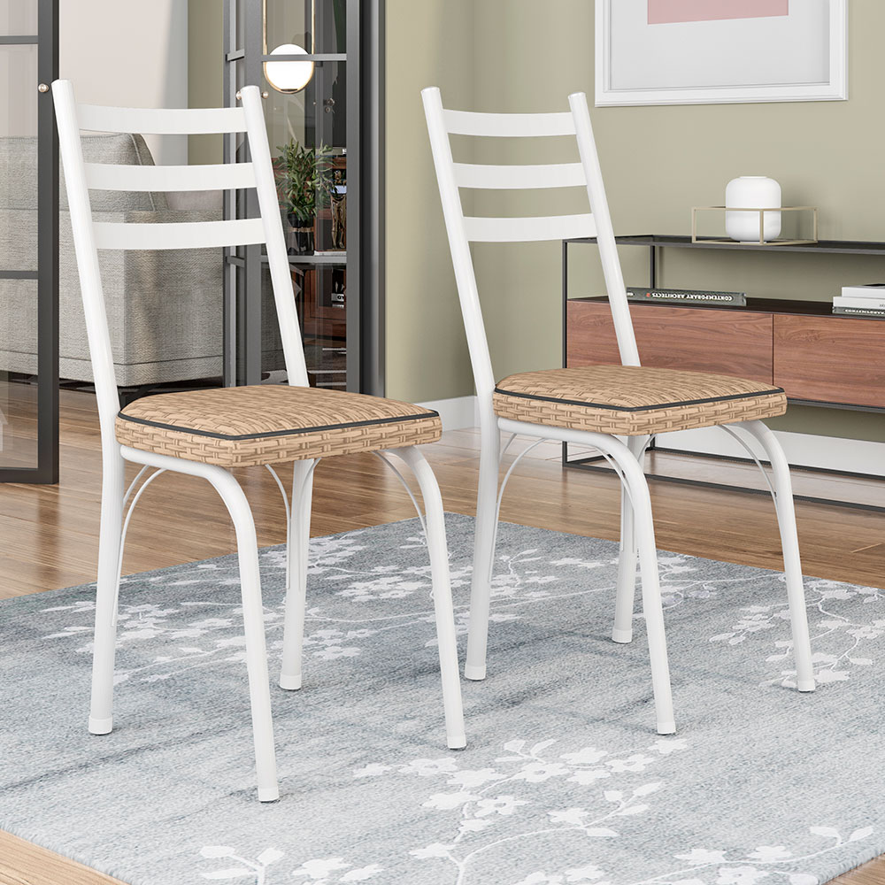 Kit 2 Cadeiras de Cozinha Luisiana Estampado Rattan Bege Pés de Ferro Branco - Pallazio