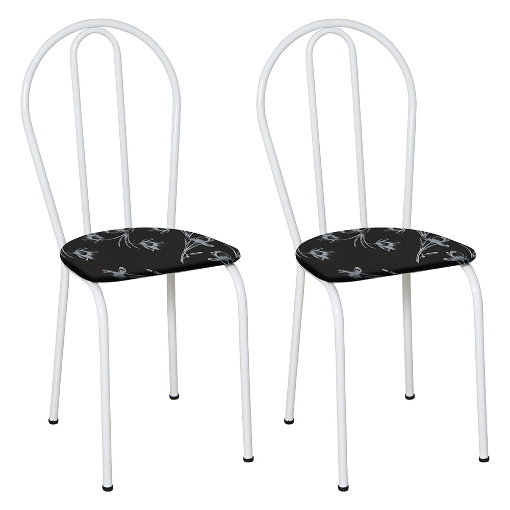 Kit 2 Cadeiras de Cozinha Texas Estampado Preto Florido Pés de Ferro Branco - Pallazio