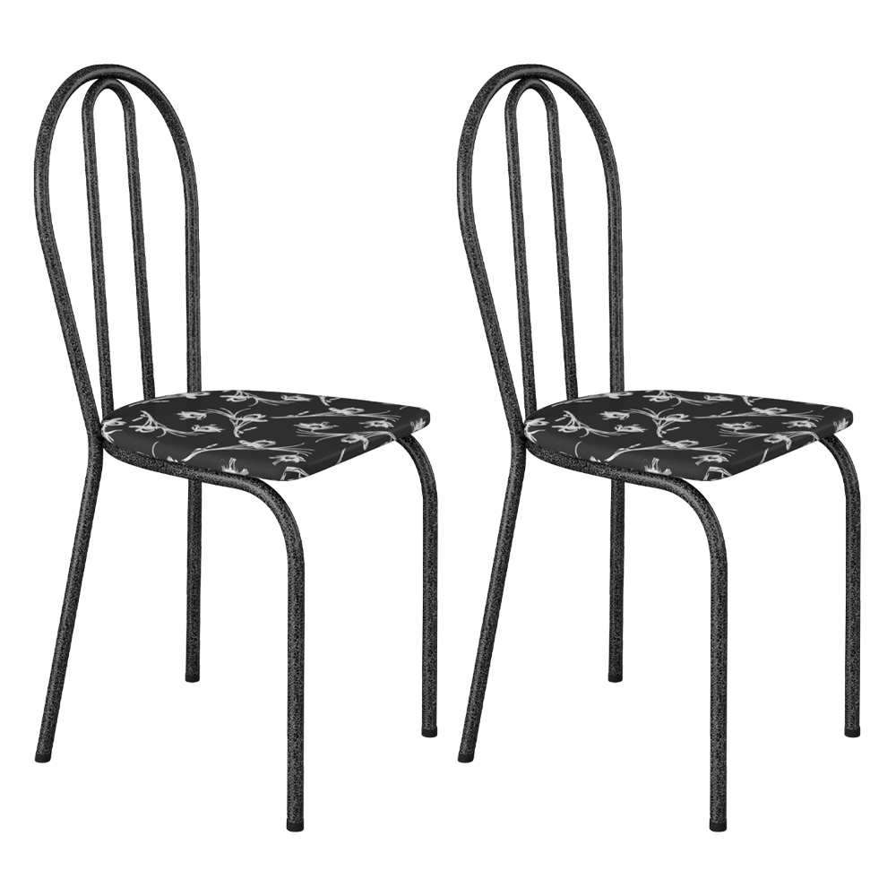 Kit 2 Cadeiras de Cozinha Texas Estampado Preto Florido Pés de Ferro Cromo Preto - Pallazio