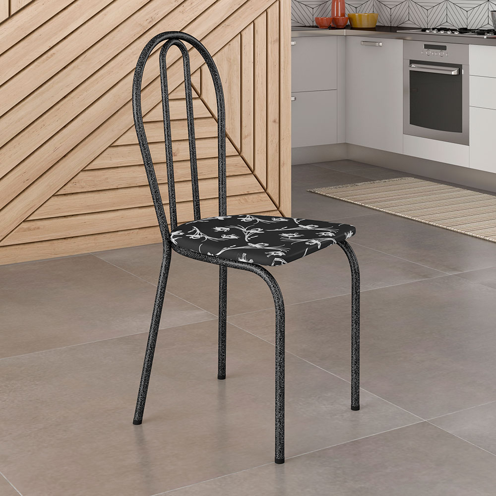 Kit 2 Cadeiras de Cozinha Texas Estampado Preto Florido Pés de Ferro Cromo Preto - Pallazio