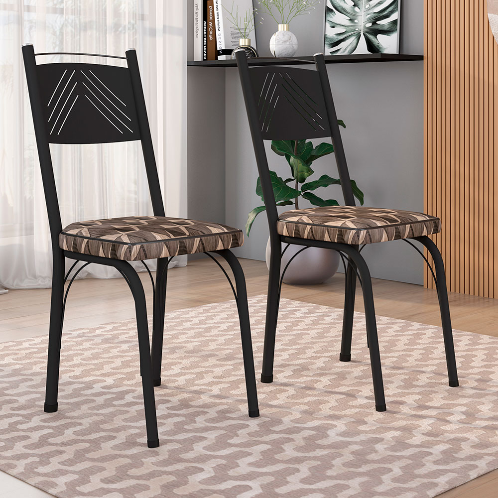 Kit 2 Cadeiras de Cozinha Virginia Estampado Mosaico Palha Pés de Ferro Preto - Pallazio