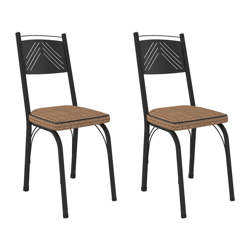 Kit 2 Cadeiras de Cozinha Virginia Estampado Rattan Bege Pés de Ferro Preto - Pallazio