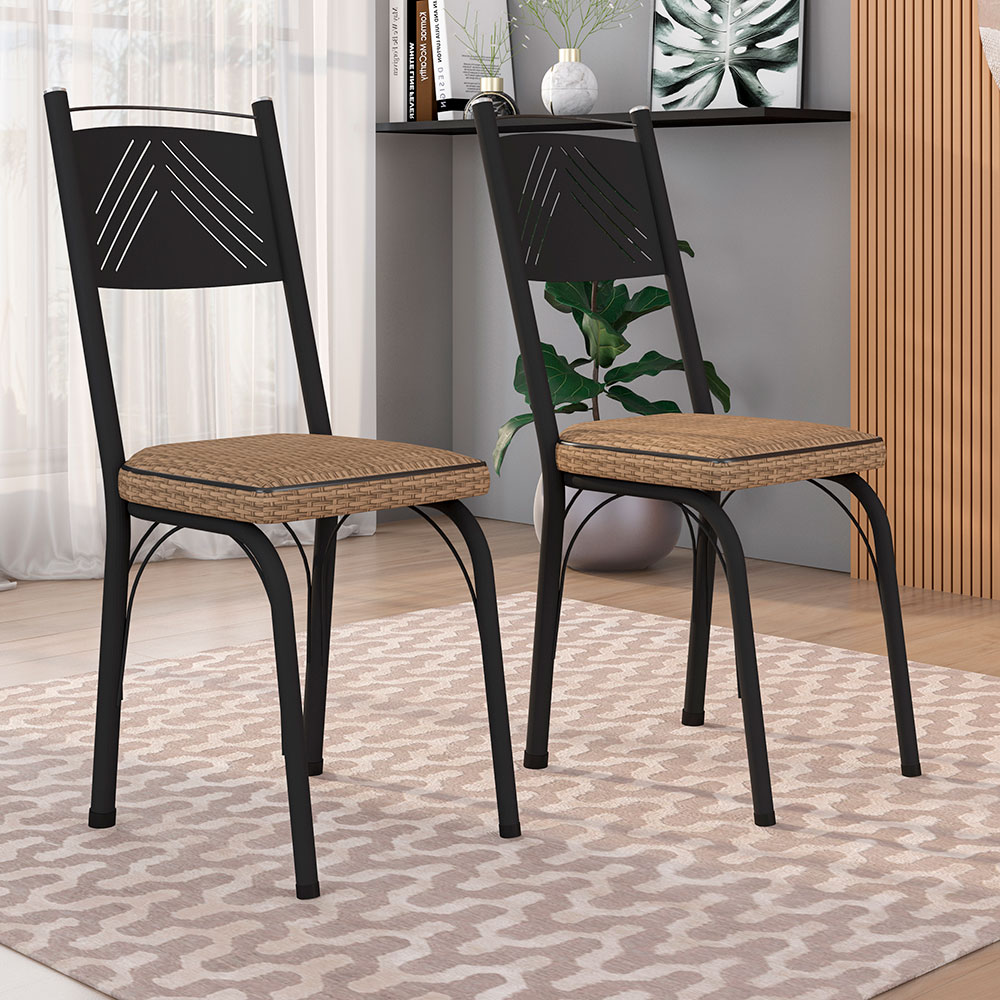 Kit 2 Cadeiras de Cozinha Virginia Estampado Rattan Bege Pés de Ferro Preto - Pallazio
