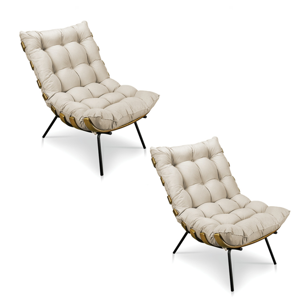 Kit 2 Poltronas Costela Suede Bege Base Metálica - Pallazio