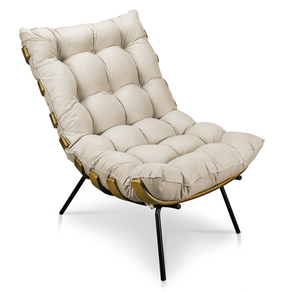 Kit 2 Poltronas Costela Suede Bege Base Metálica - Pallazio