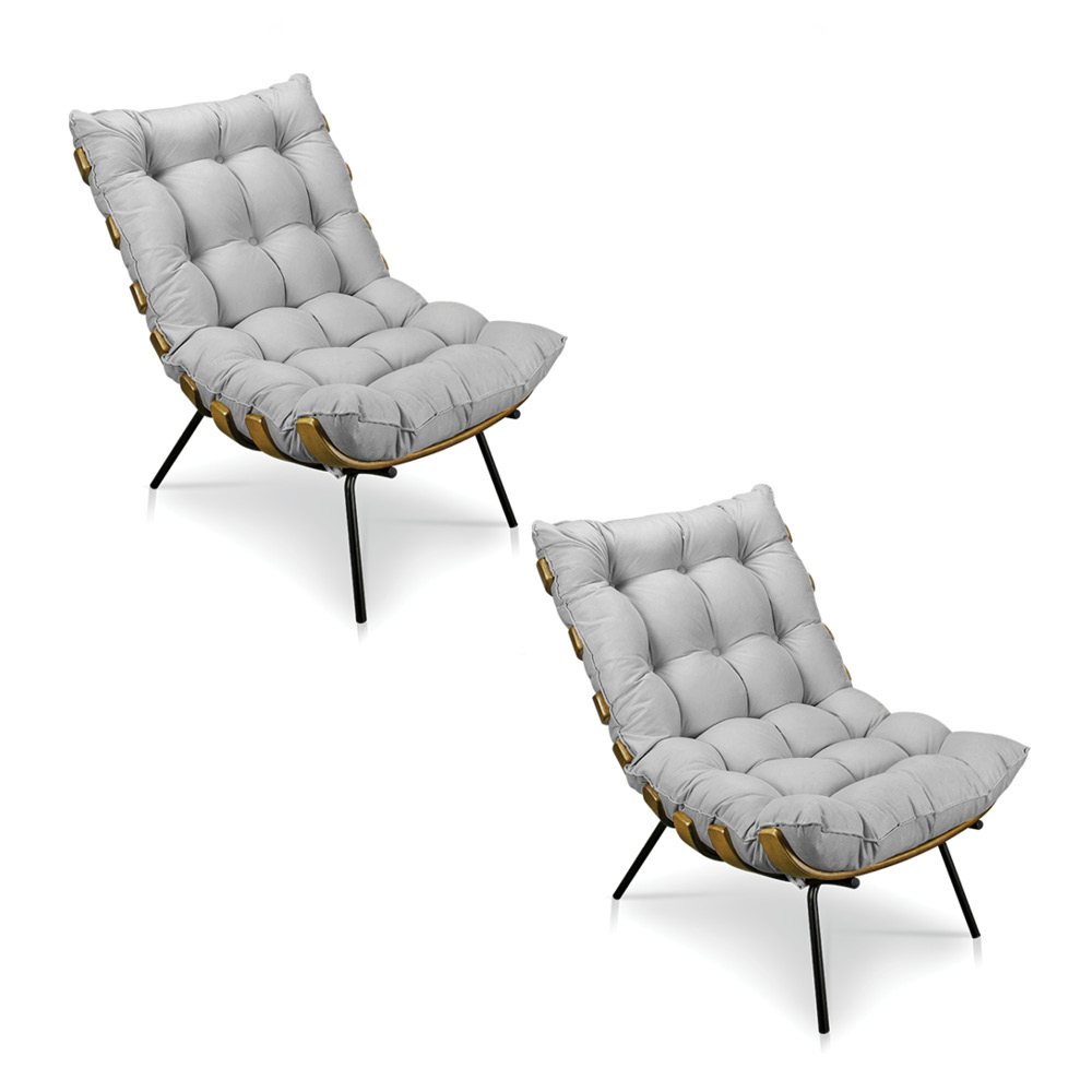 Kit 2 Poltronas Costela Suede Cinza Base Metálica - Pallazio