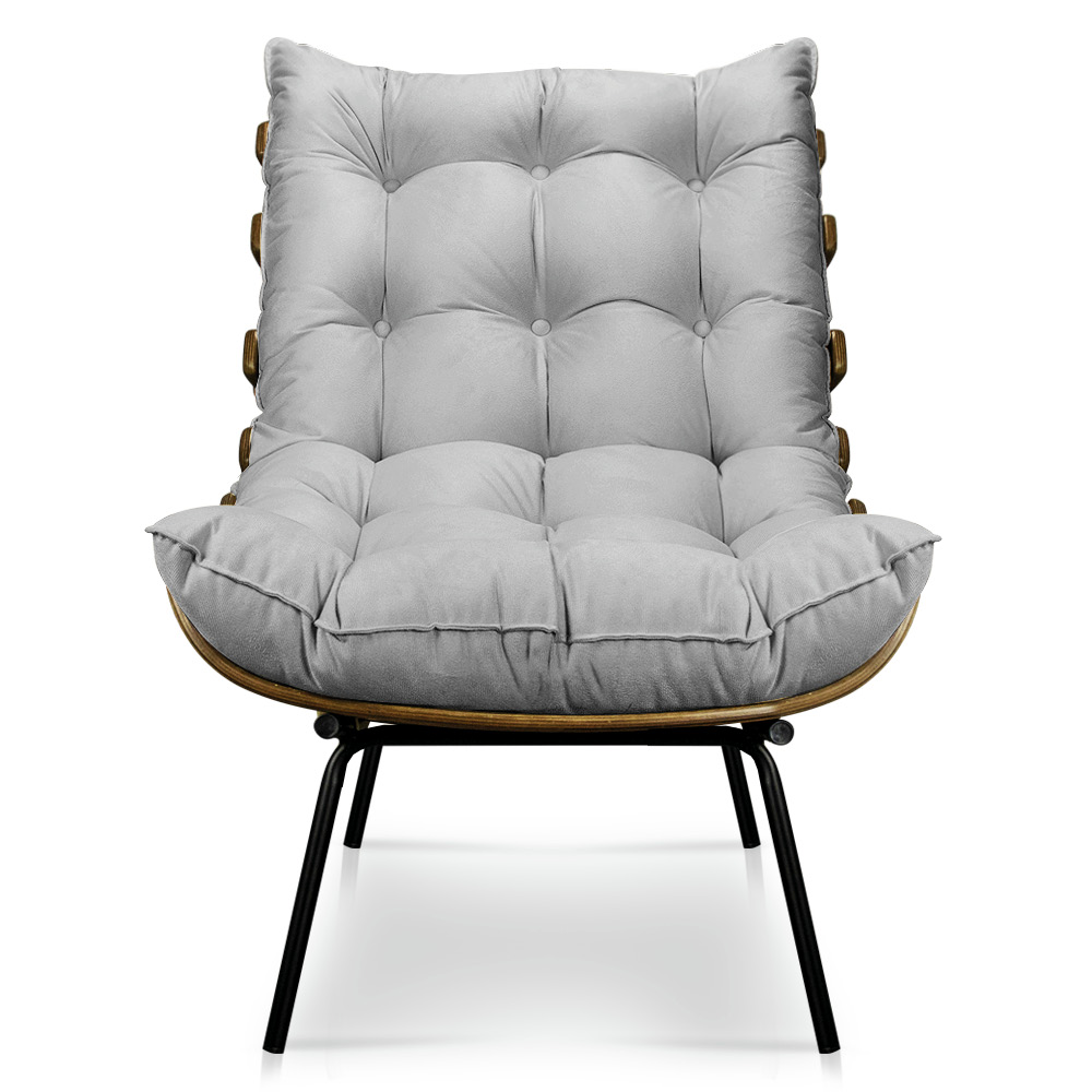 Kit 2 Poltronas Costela Suede Cinza Base Metálica - Pallazio