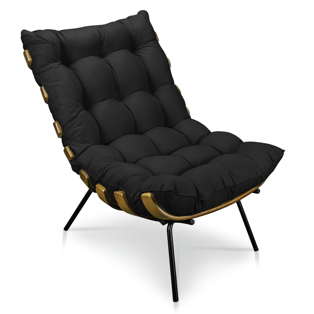 Kit 2 Poltronas Costela Suede Preto Base Metálica - Pallazio