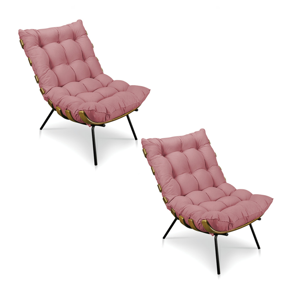 Kit 2 Poltronas Costela Suede Rosê Base Metálica - Pallazio