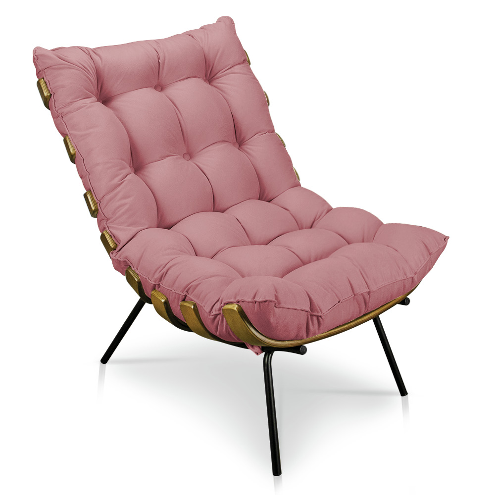 Kit 2 Poltronas Costela Suede Rosê Base Metálica - Pallazio