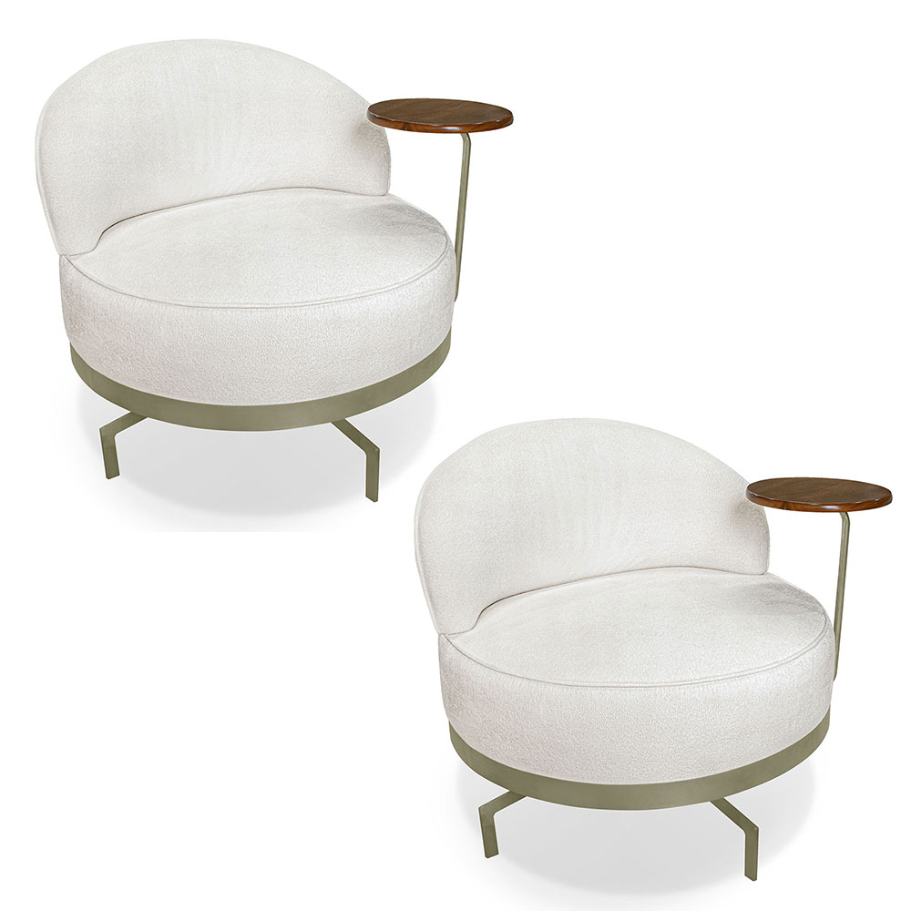 Kit 2 Poltronas Decorativa Andromeda Linho Bouclê Bege Pérola Base Giratória de Ferro - Pallazio